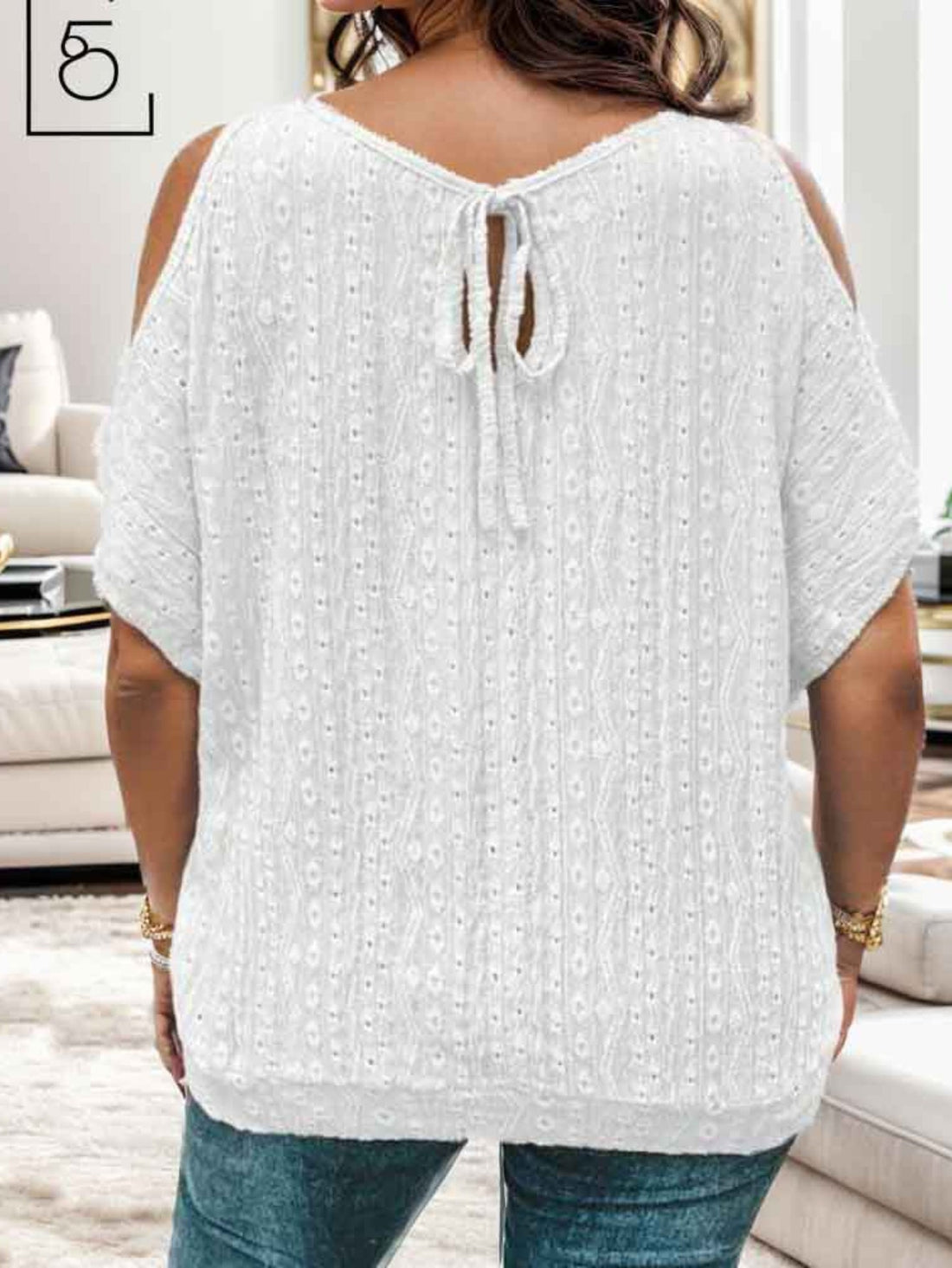 Eyelet Jacquard Cold Shoulder T-Shirt, Casual Short Sleeve Top