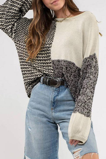 Black Neutral Colorblock Tie Back Sweater