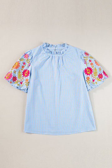 Light Blue Gingham Floral Embroidered Puff Sleeve Blouse