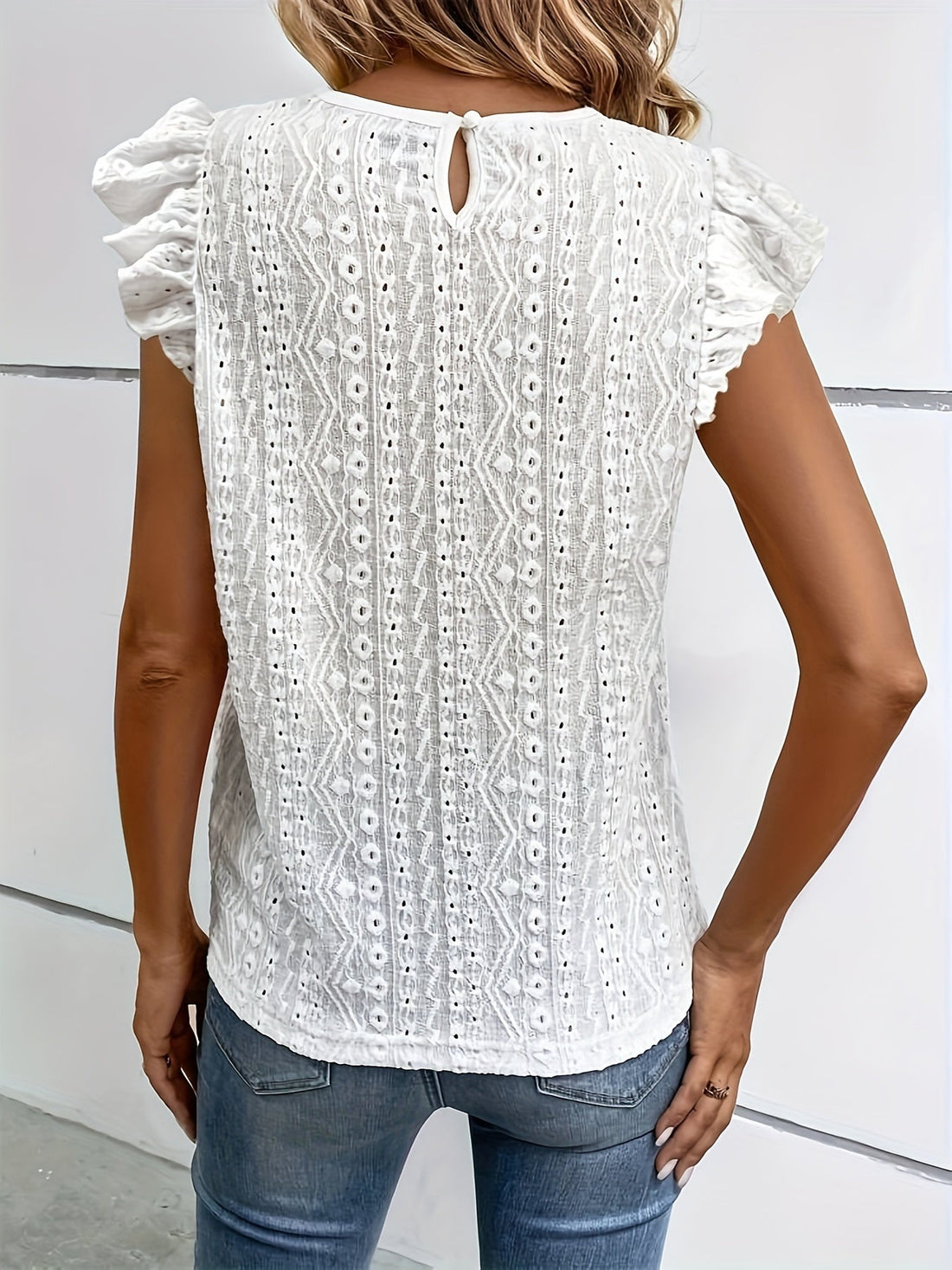 Lace Splicing Eyelet Top, Versatile Ruffle Trim Crew Neck Blouse