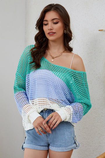 Green Multicolor Color Block Eyelet Long Sleeve Twisted Back Knit Top