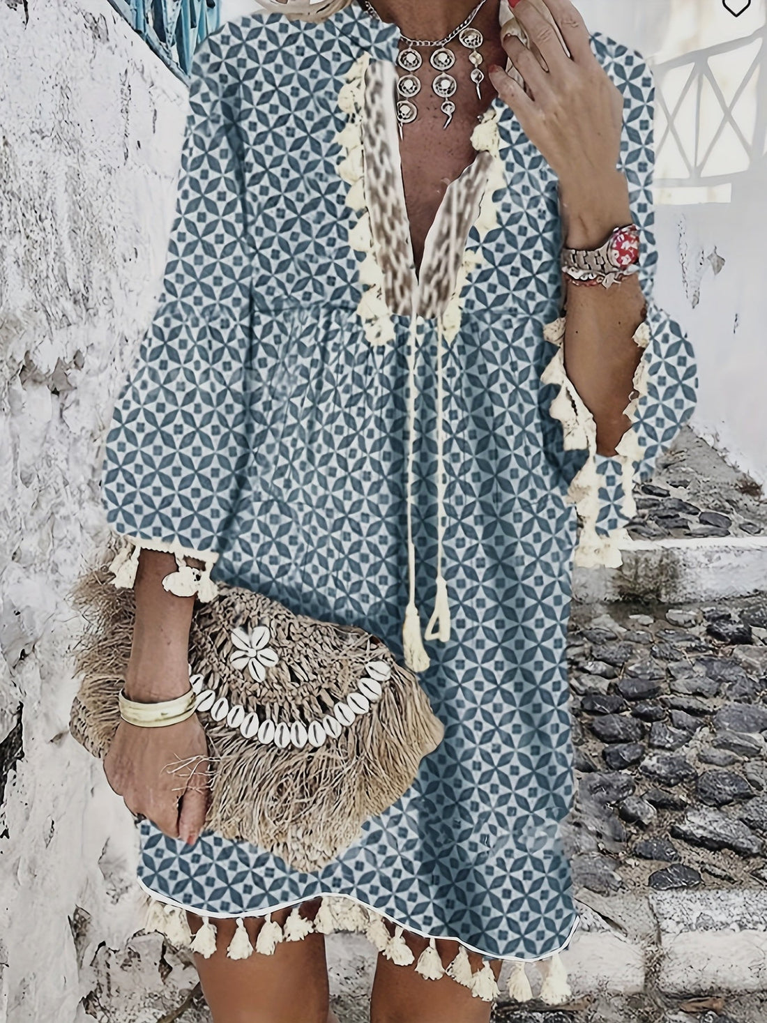 Retro Print Boho Dress, V Neck Tassels Casual Dress