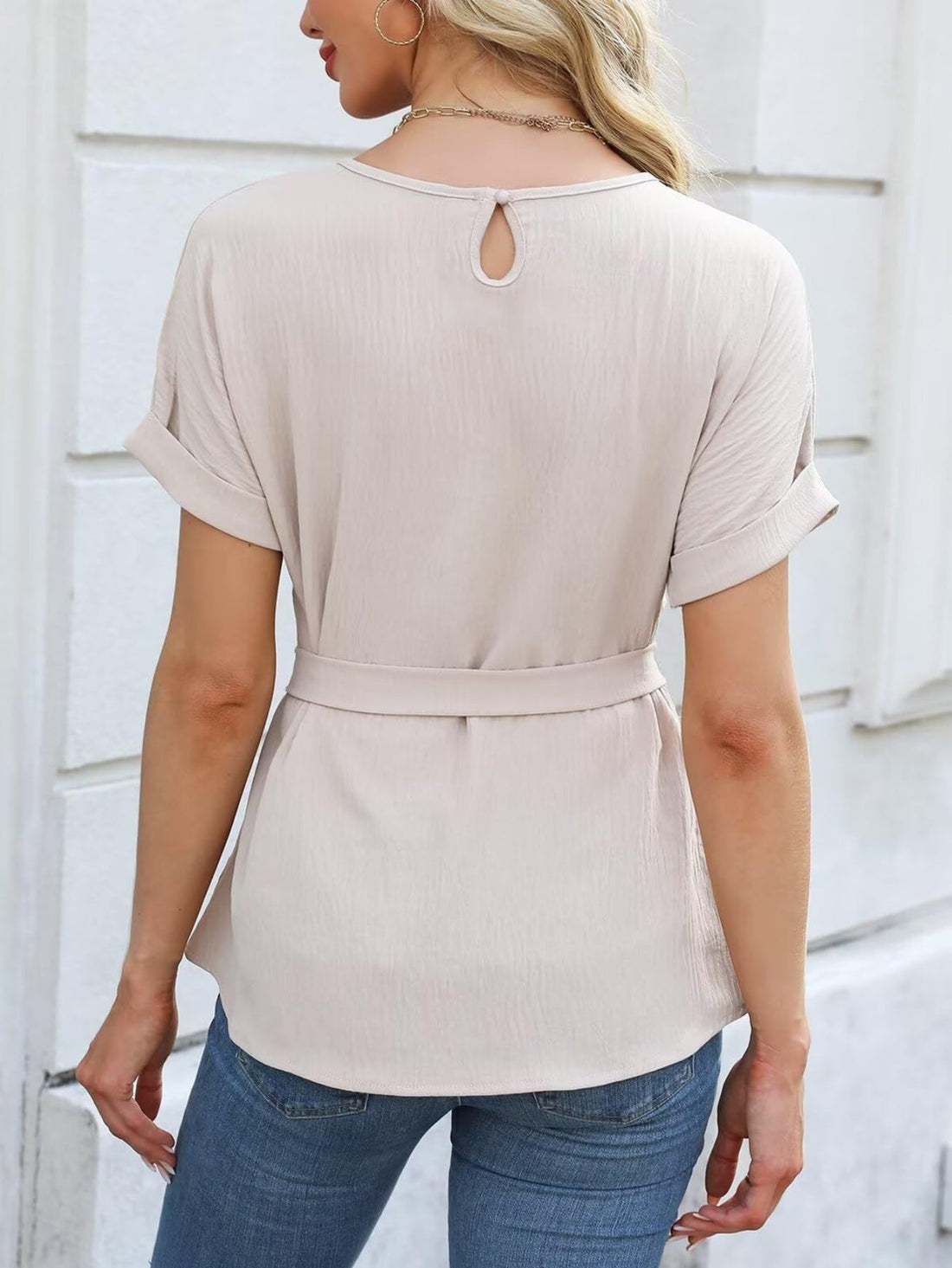 Short Sleeve Solid Color Pleated Waistband Casual Tops