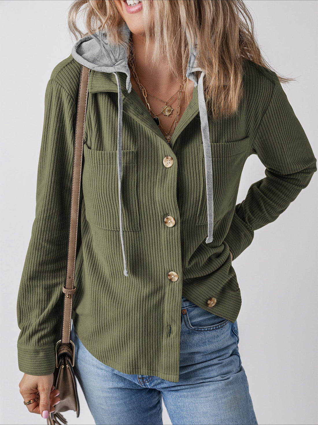 Color Block Drawstring Hooded Jacket - Casual Long Sleeve Button Front Jacket with Patched Pockets