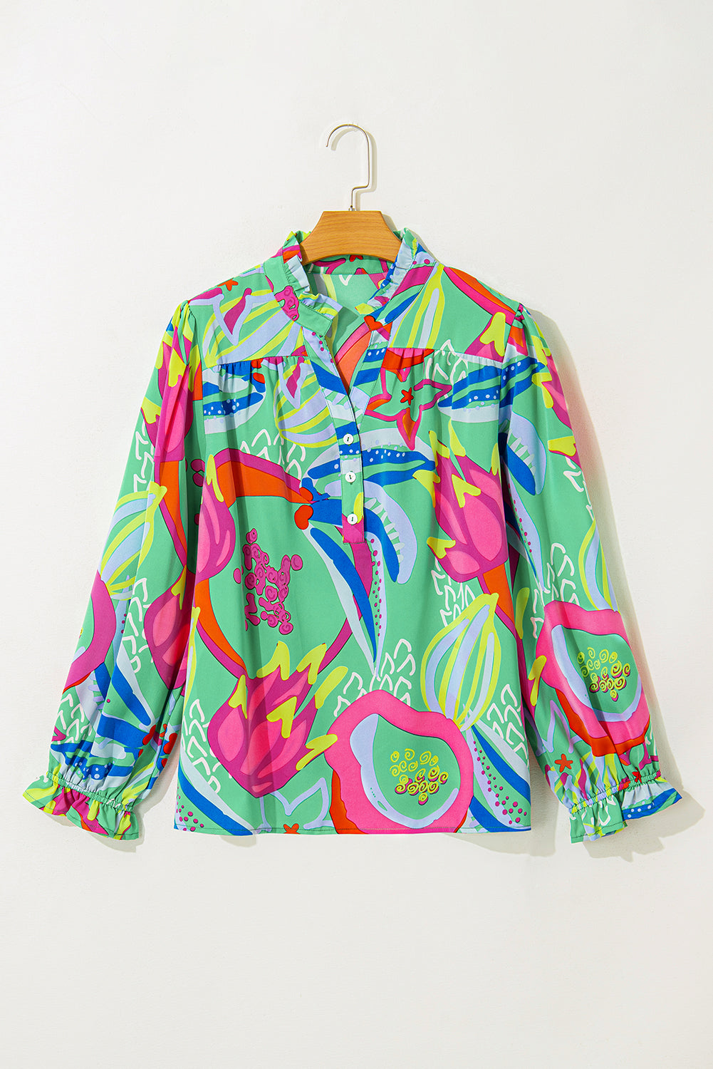 Green Abstract Printed Flounce Sleeve V Neck Buttoned Plus Size Blouse