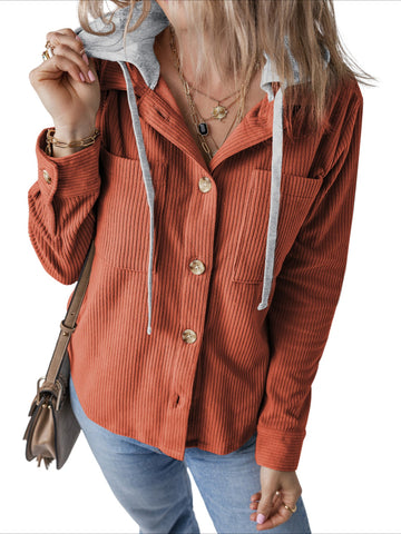 Color Block Drawstring Hooded Jacket - Casual Long Sleeve Button Front Jacket with Patched Pockets