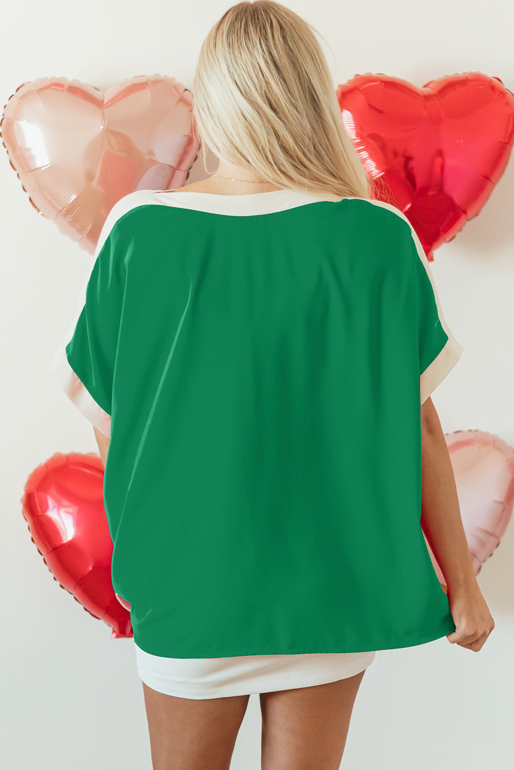 Green Oversized Color Block Boat Neck Tunic Blouse