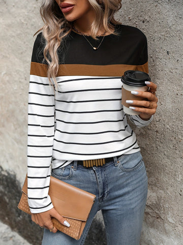 Women's Striped Color Block T-Shirt - Casual Long Sleeve Top