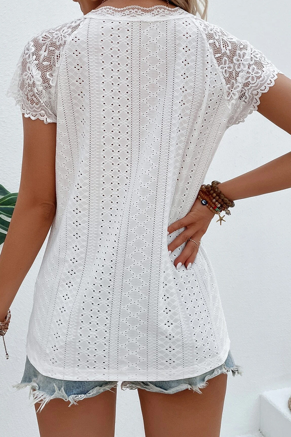 White Sheer Lace Short Sleeves Eyelet Embroidered Tee