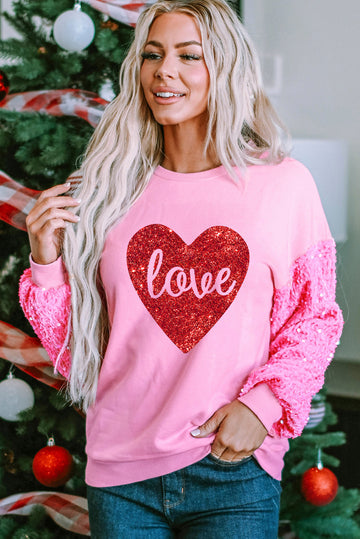 Pink Shiny Heart Shape love Print Sequined Sleeve Sweatshirt