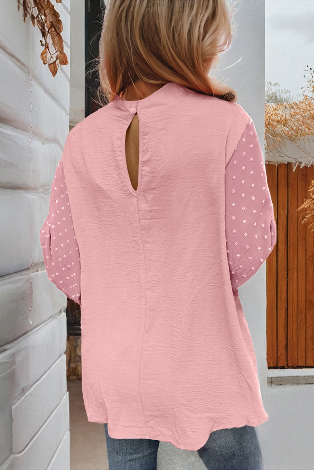 Gossamer Pink Swiss Dot Balloon Sleeve Loose Blouse