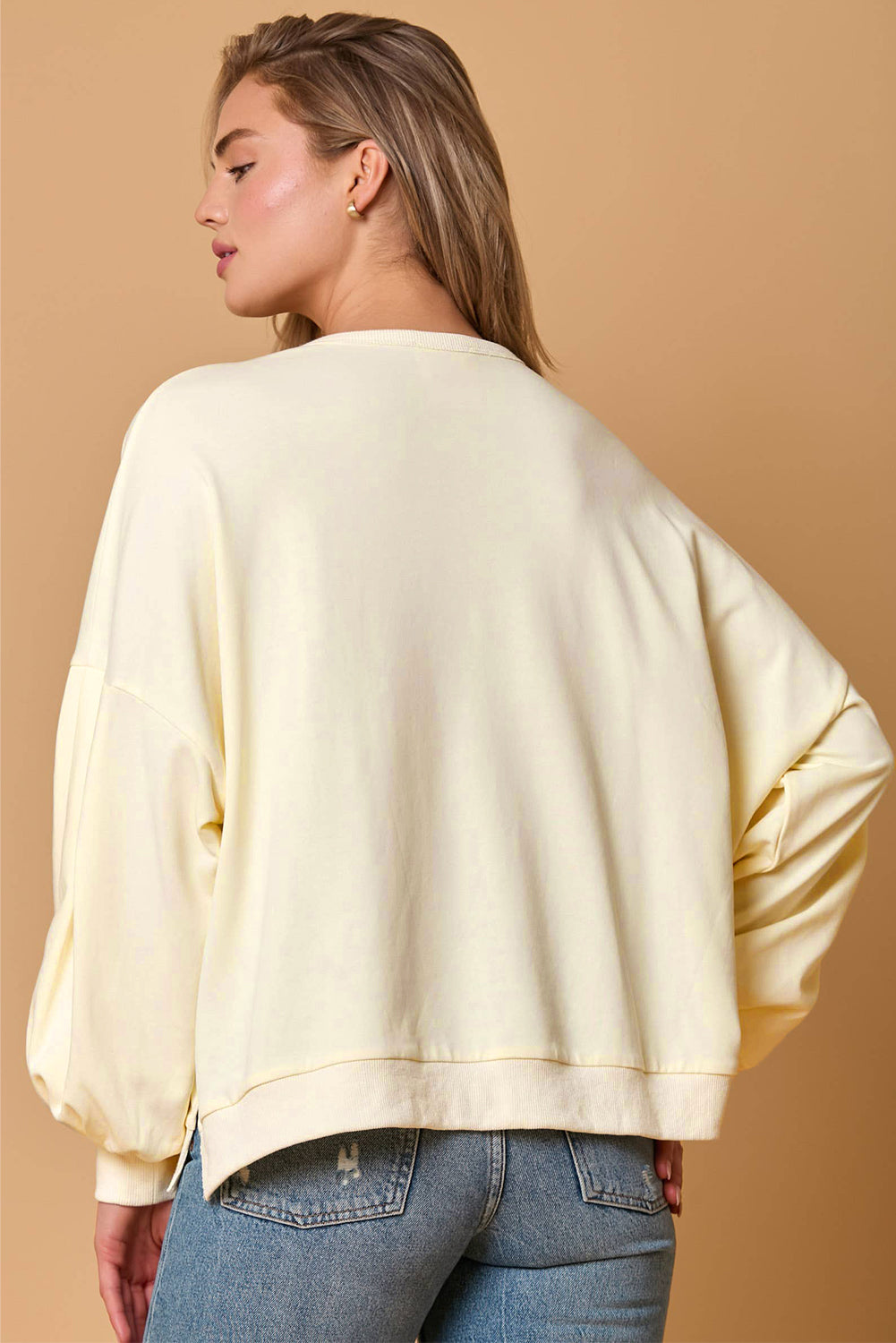 Beige Tinsel Flower Dropped Puff Sleeve Sweatshirt