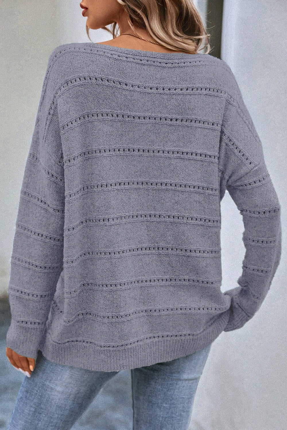 Light Grey Boat Neck Drop Shoulder Pointelle Knit Sweater