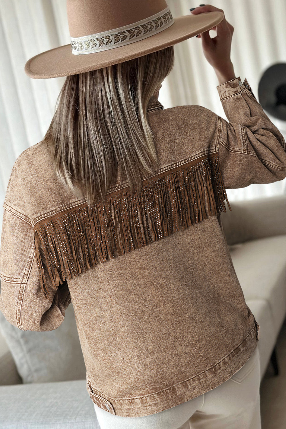 Brown Rhinestone Fringed Cowgirl Fashion Denim Jacket