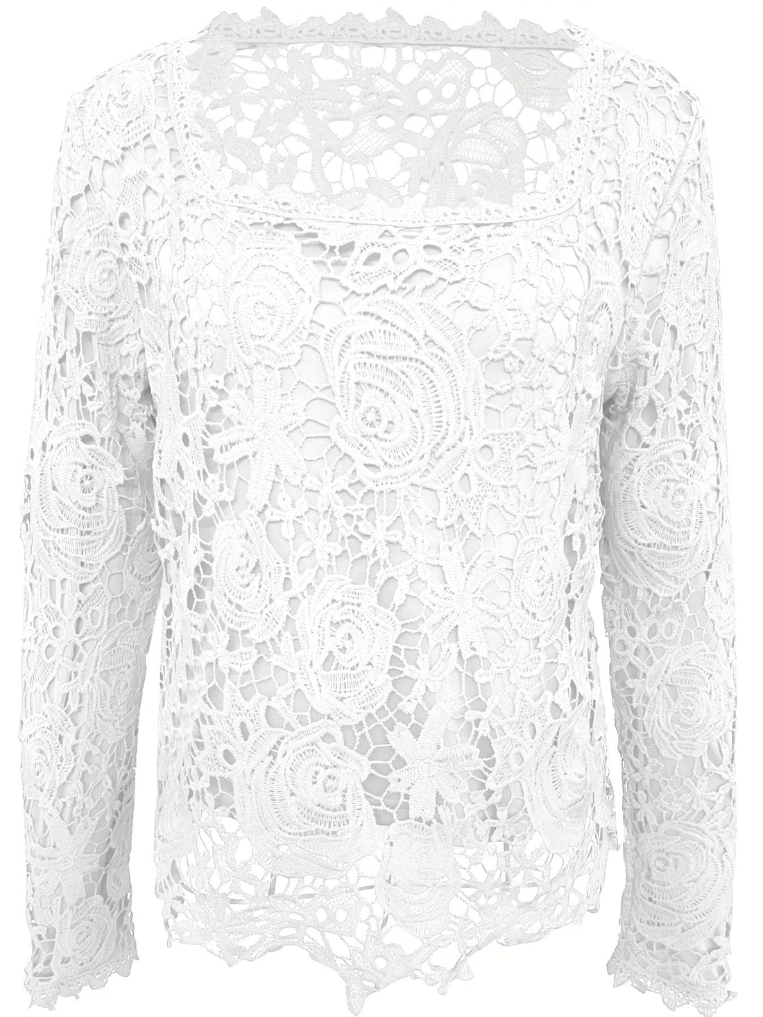 Solid Square Neck Lace T-Shirt, Casual Long Sleeve T-Shirt