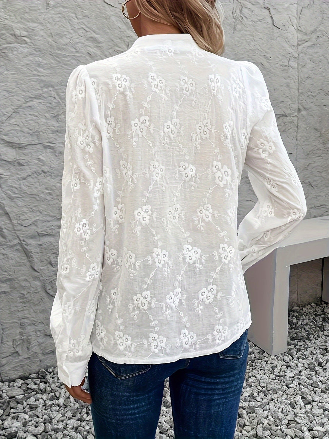 Floral Embroidery Button Front Long Sleeve Blouse