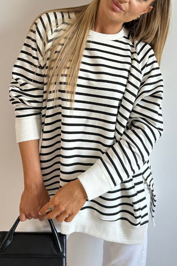 Black Stripe Raglan Sleeve Side Slits Loose Sweatshirt