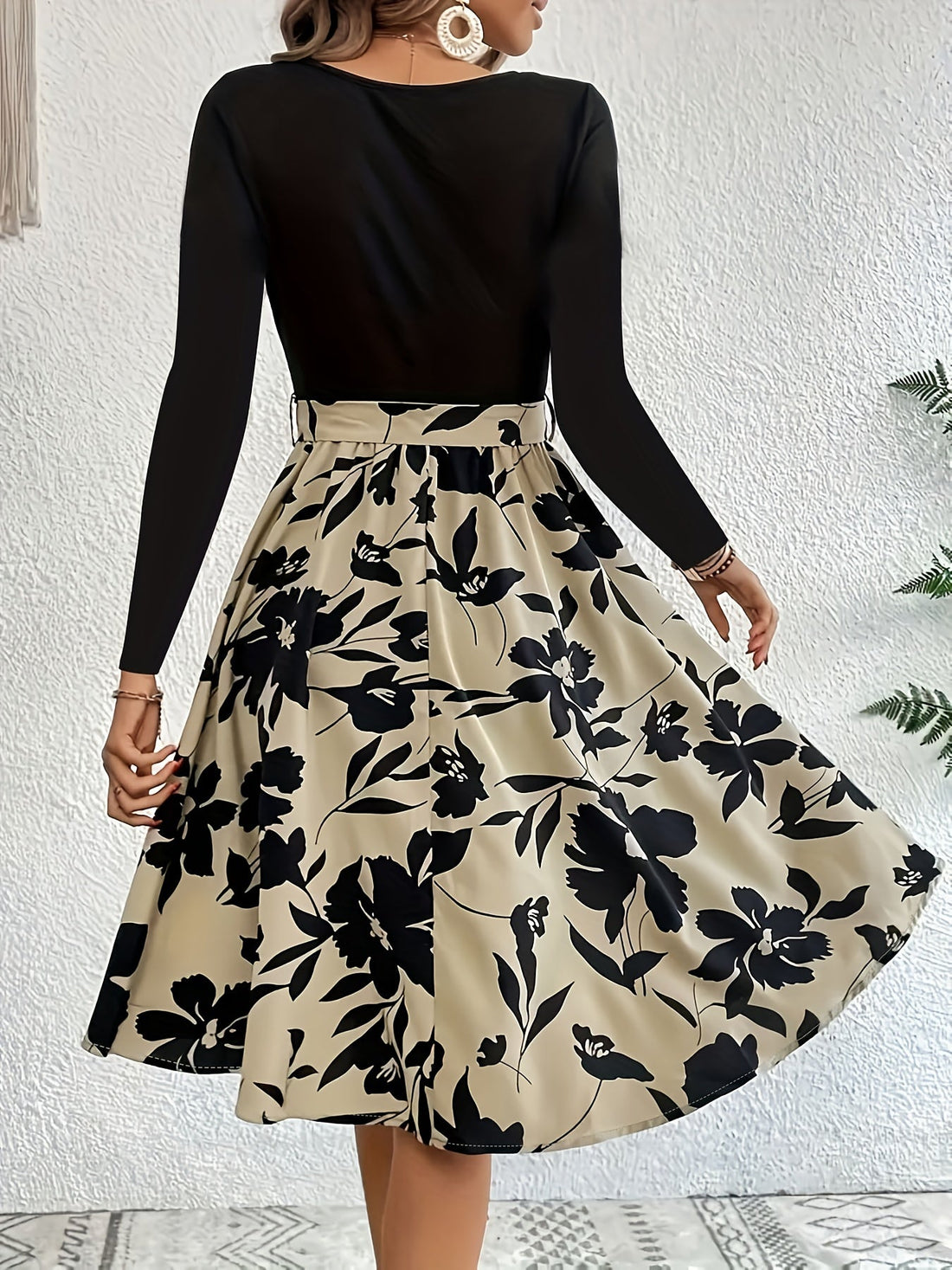 Floral Print Splicing Dress, Casual Crew Neck Long Sleeve Dress