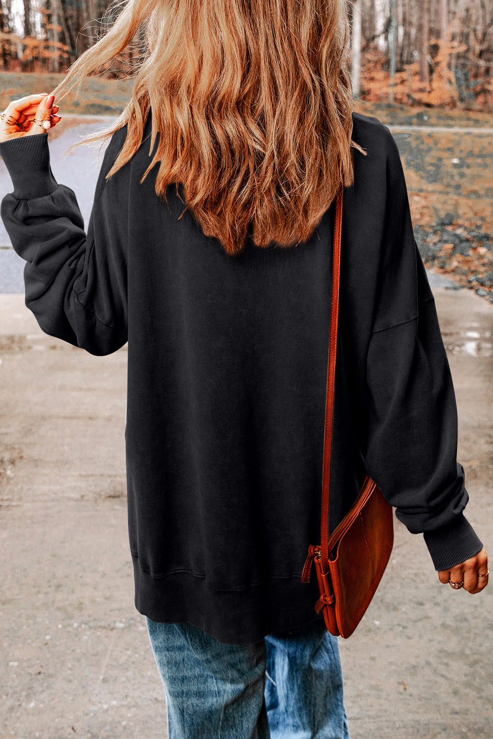 Black Drop Shoulder Ribbed Trim Oversized Sweatshirt