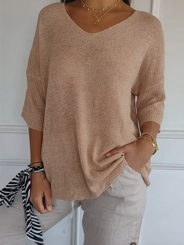 Cozy V Neck Pullover Three-Quarter Sleeve Knitted Sweater