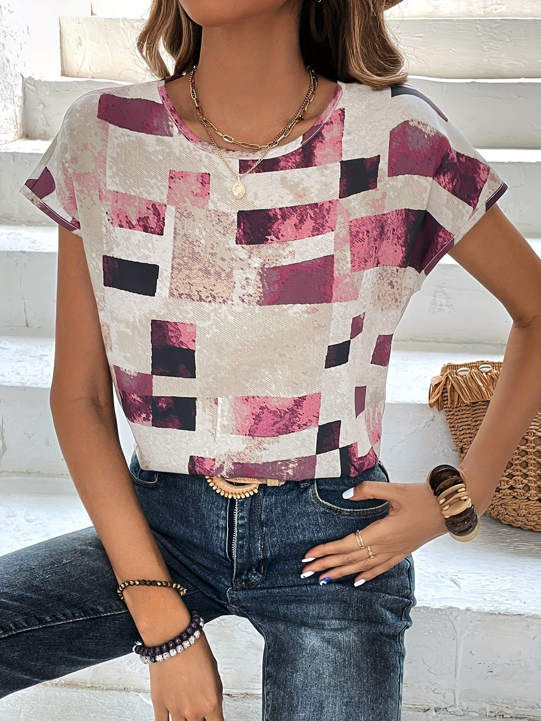 Graphic Print Crew Neck T-shirt, Short Sleeve Aztec Print Tops