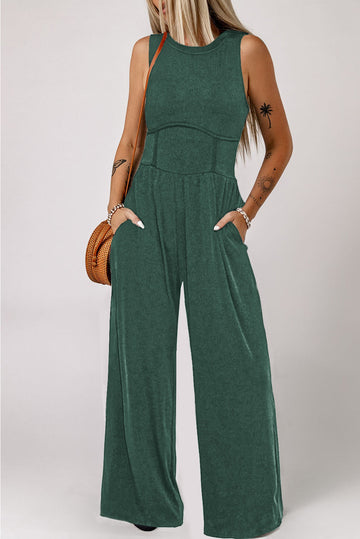 Blackish Green Cinched Waist Sleeveless Wide Leg Jumpsuit