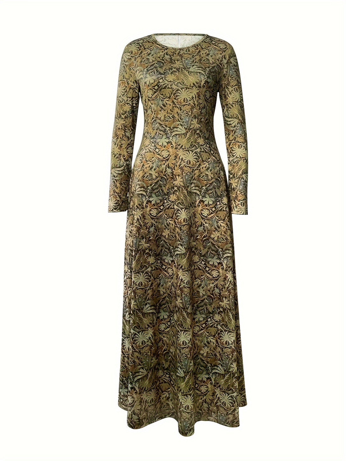 Chic Floral Print Maxi Dress - Stylish Crew Neck Long Sleeve - Comfortable Casual Wear