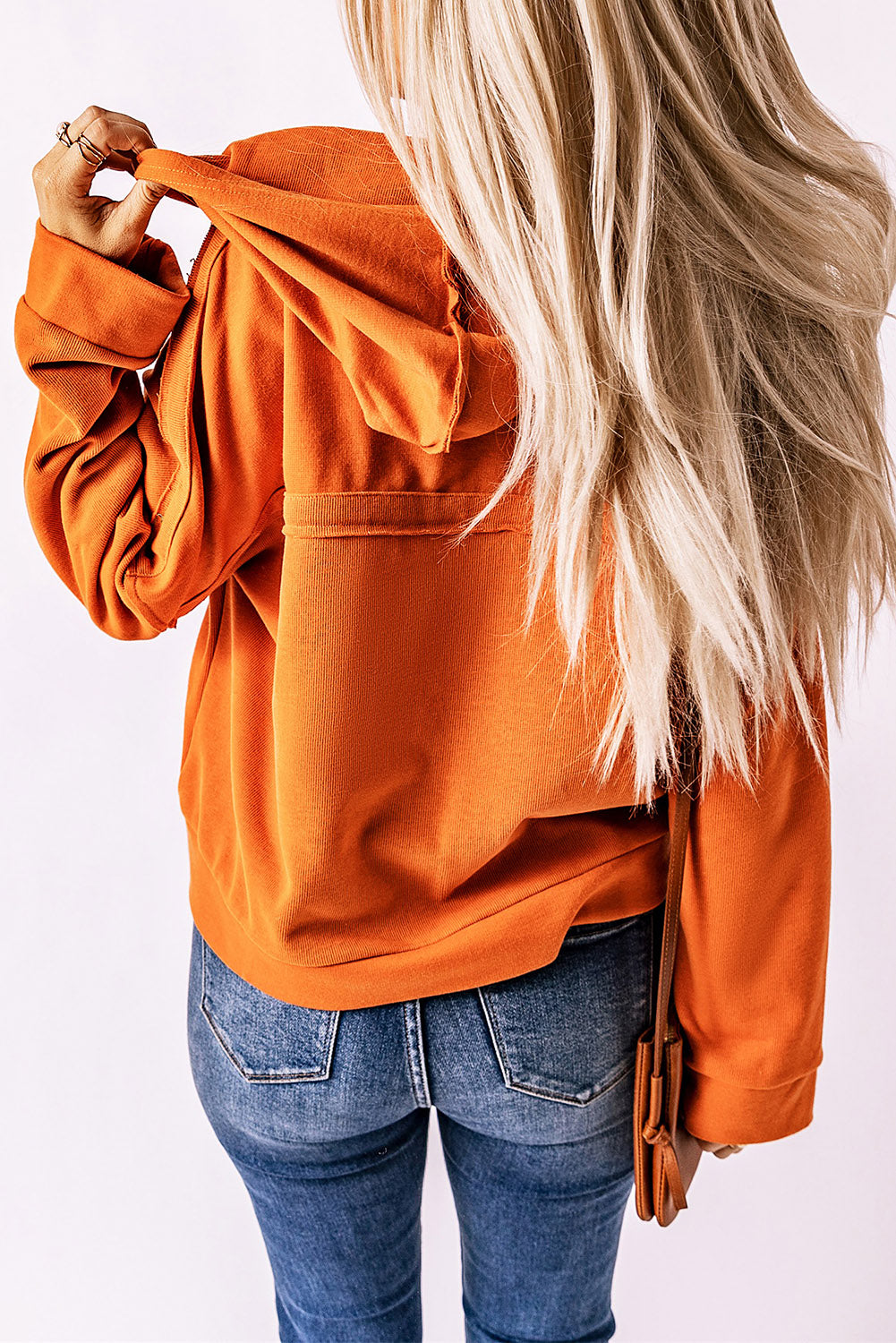 Orange Casual Button Solid Patchwork Trim Hoodie