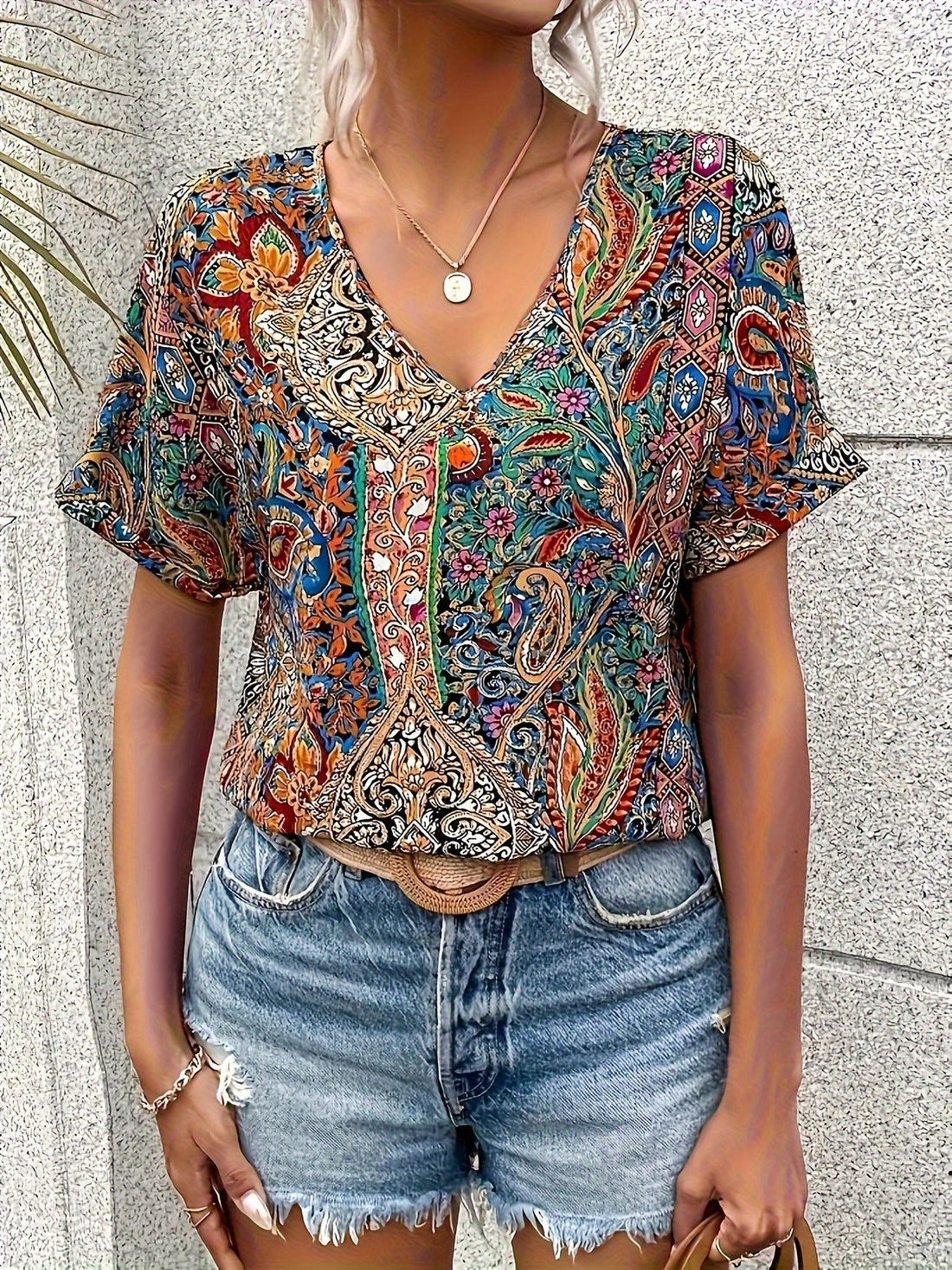 Paisley Print V Neck Blouse, Casual Short Sleeve Blouse