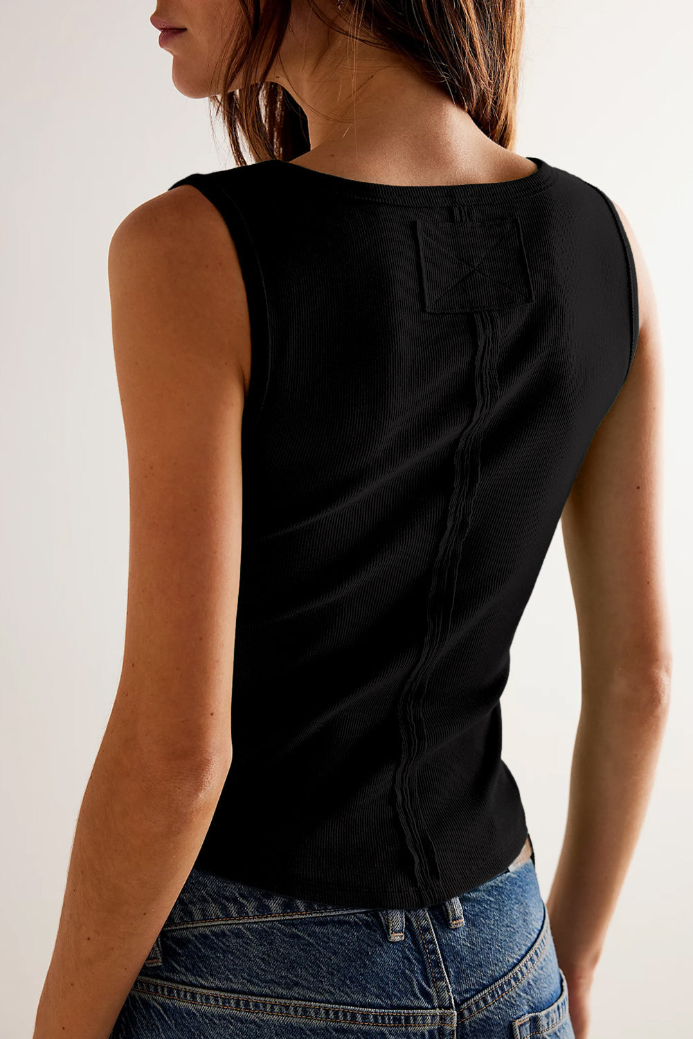 Black Ribbed Exposed Seam Cropped Tank Top