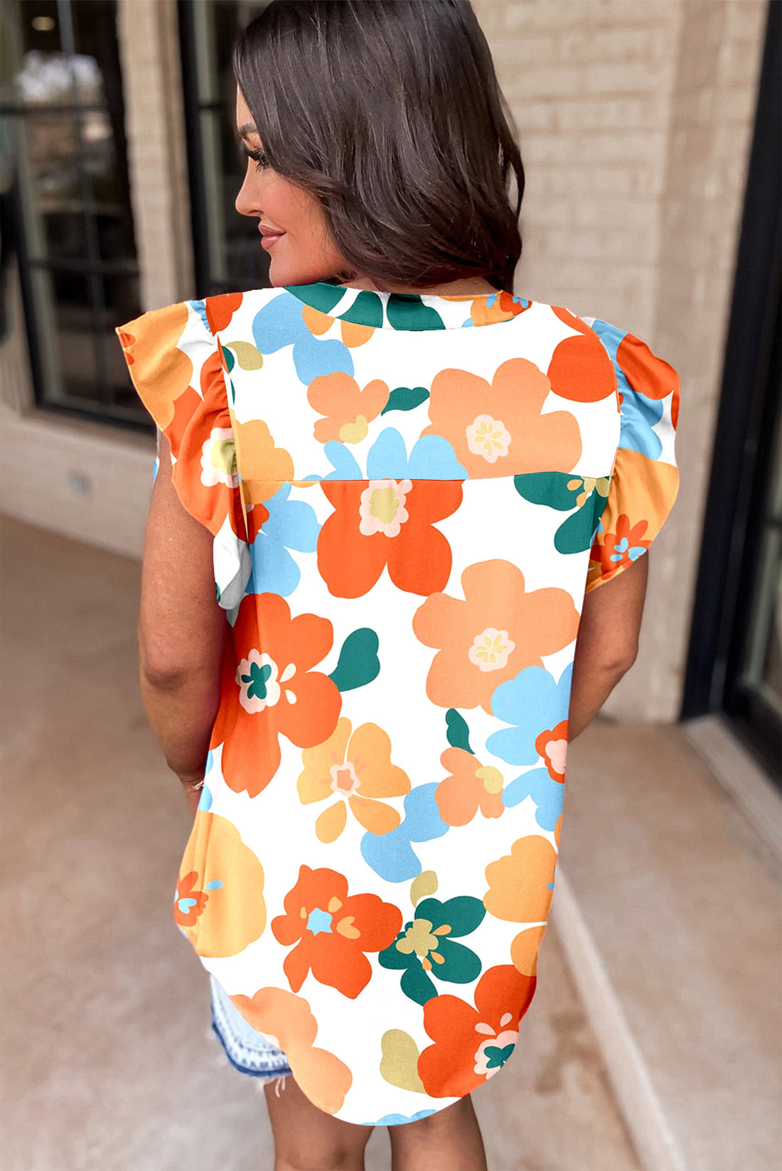 Orange Floral Notched V Neck Ruffled Sleeve Blouse