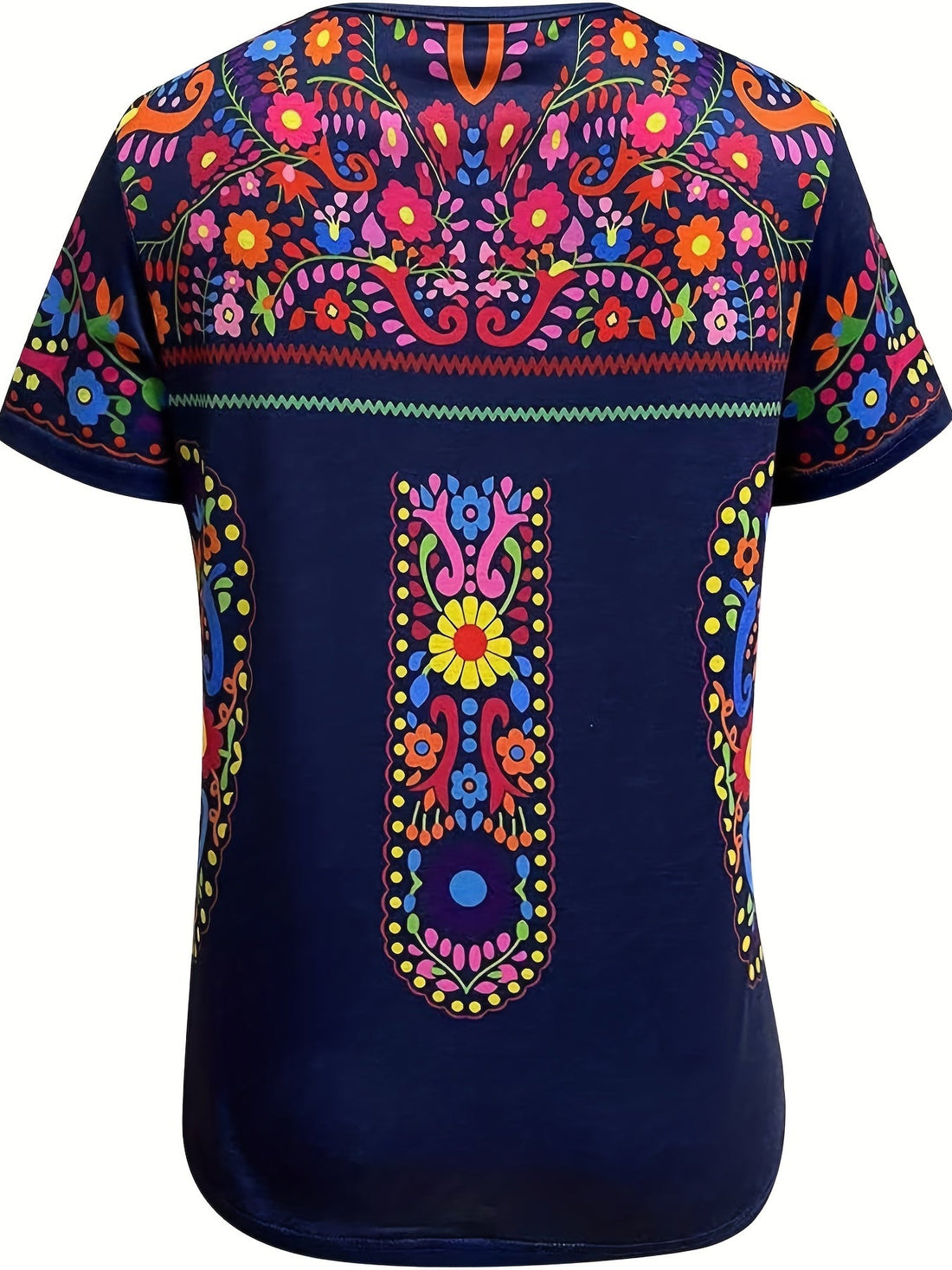 Floral Print Ethnic T-shirt, Boho Crew Neck Short Sleeve Summer T-shirt