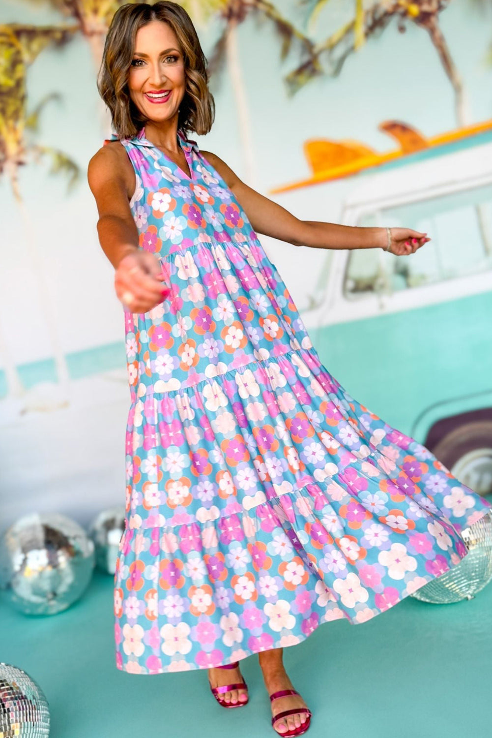 Sky Blue Floral Print Frilly Neck Sleeveless Tiered Maxi Dress