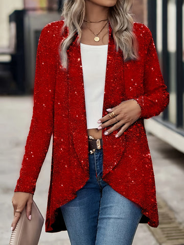 Elegant Sequin Embellished Women'S Cardigan - Long Sleeve, Open Front, Solid Color