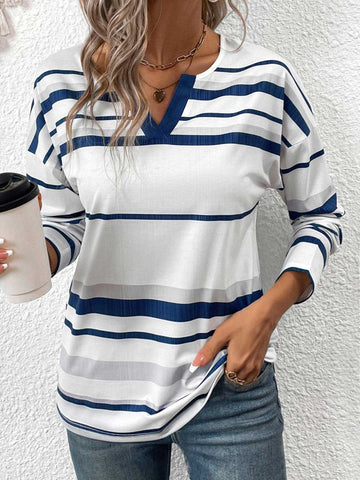 White Patchwork Striped Long Sleeve Split Neck T Shirt