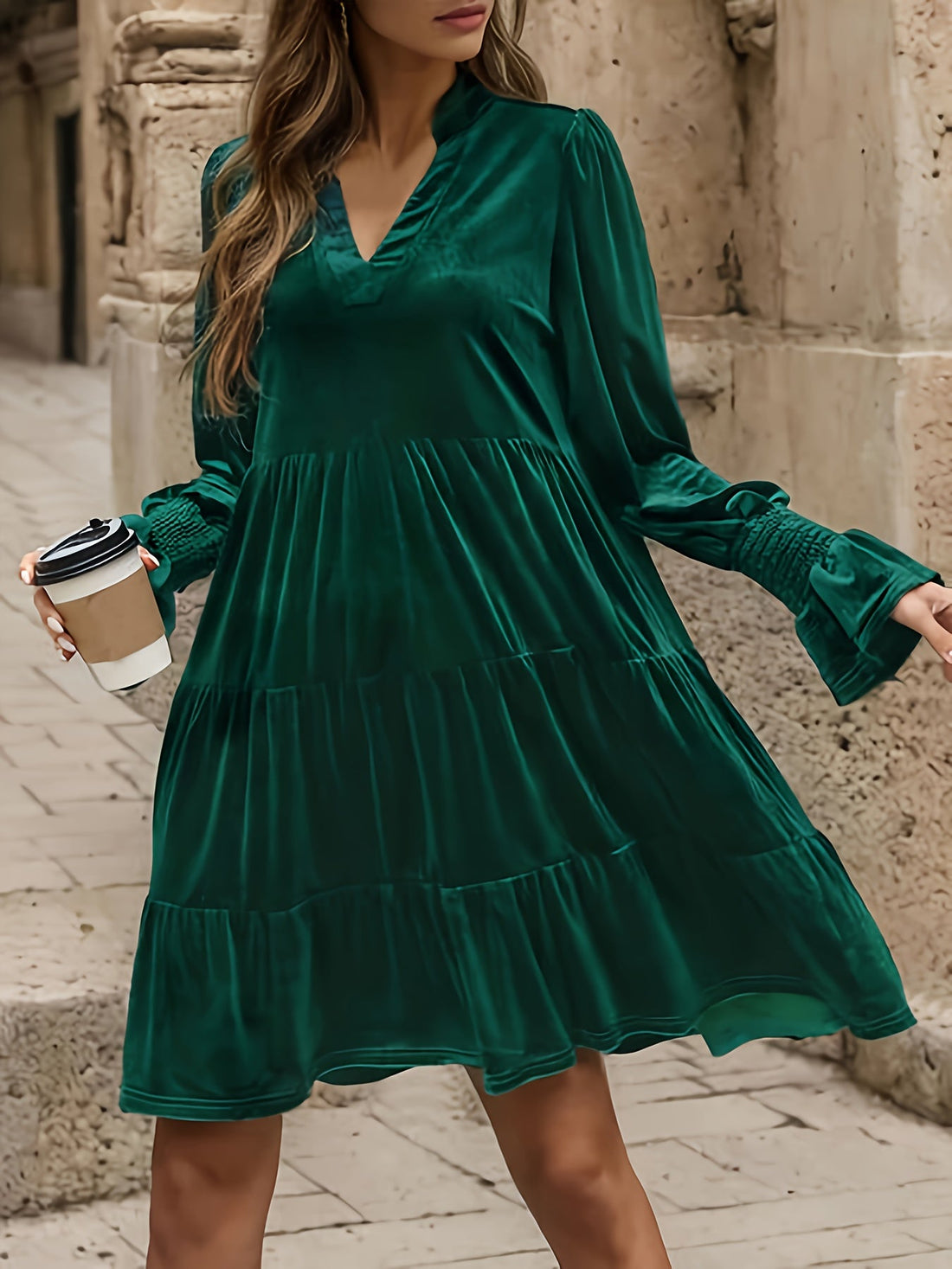 Women's Layered Hollow-Out Long Sleeve Dress, Elegant V-Neck, Solid Color, Adult Fashion Dress