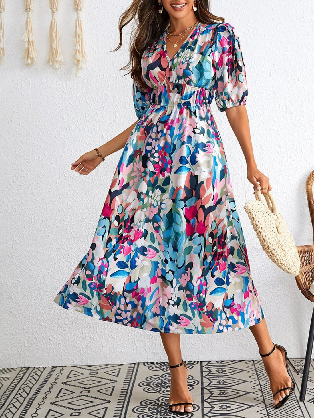 V Neck Short Sleeve Cinched Waist Floral Midi Dress