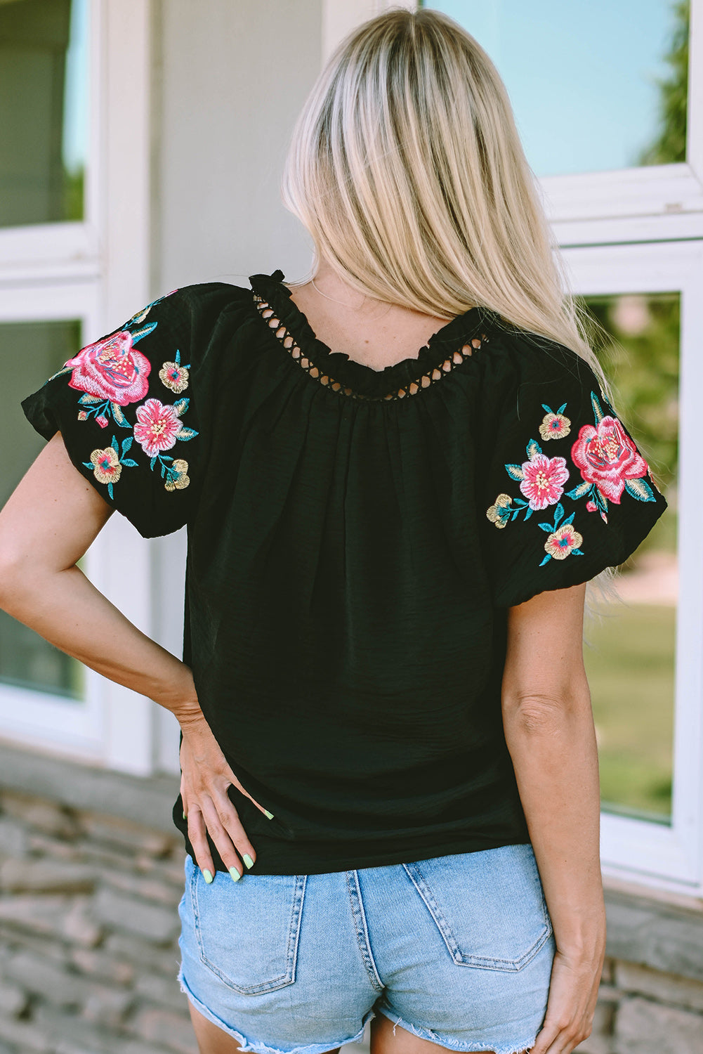 Black Floral Embroidered Bubble Sleeve Frill V Neck Top