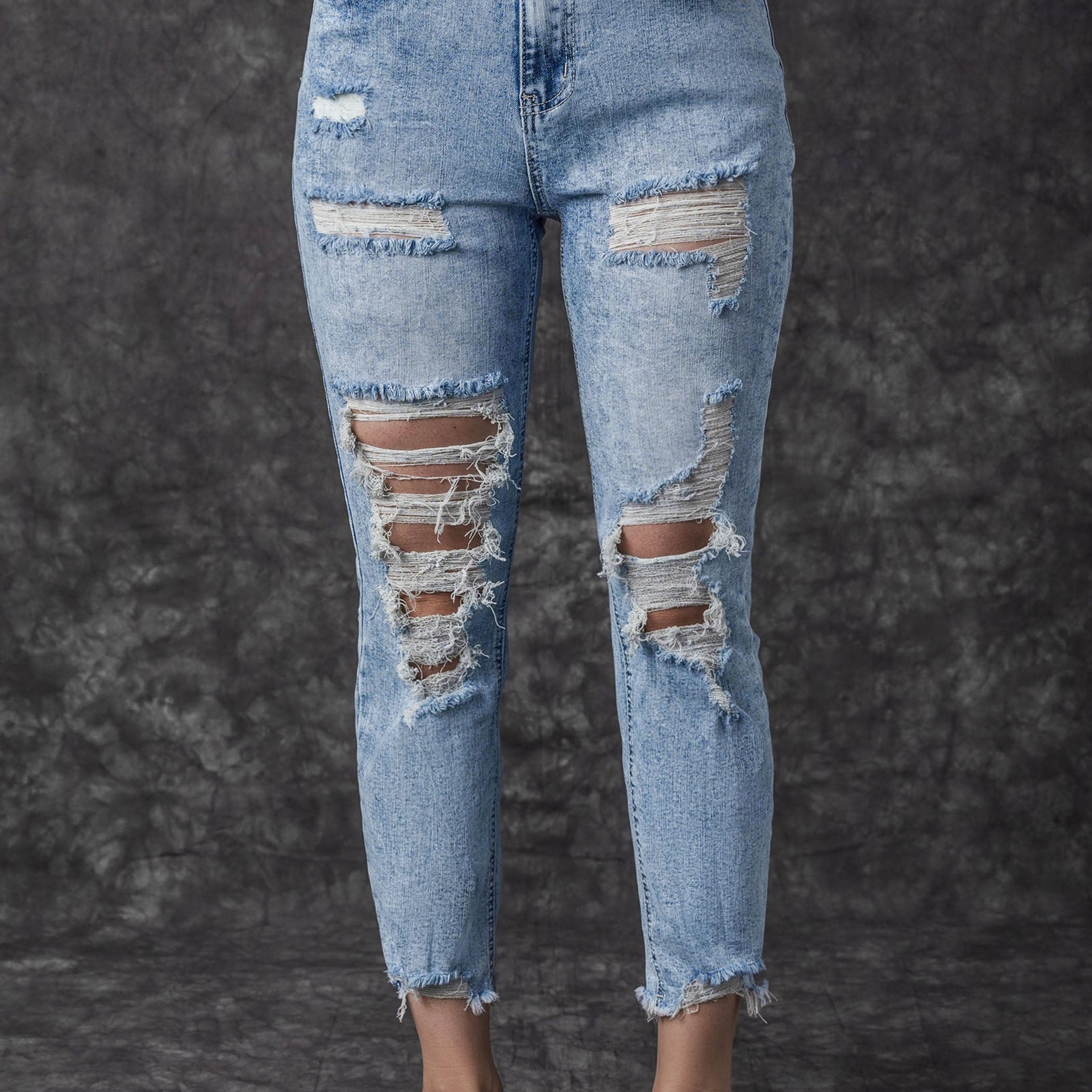 Sky Blue Acid Wash Distressed Slim Fit Jeans