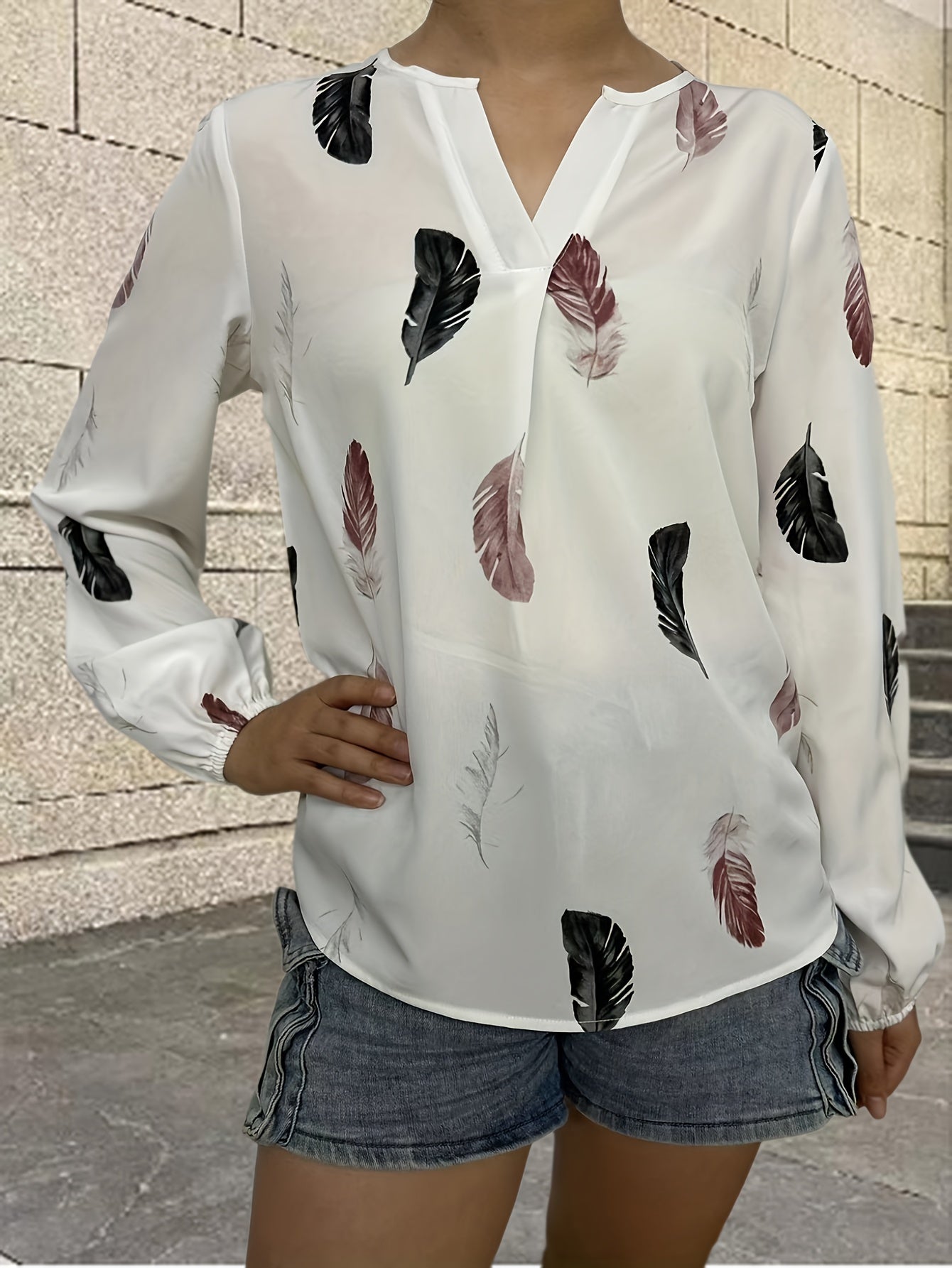 Feather Printed V-neck Loose Shirts, Casual Long Sleeve Fashion Shirts