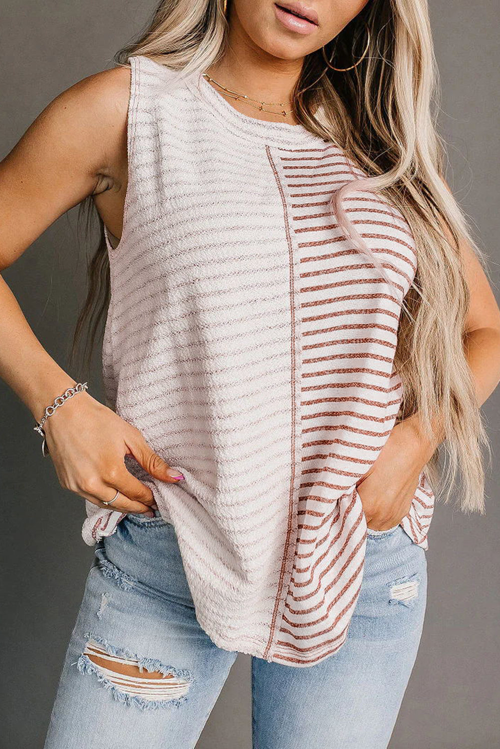 Brown Stripe Colorblock Loose Tank Top