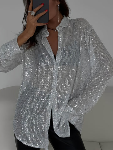 Womens Sequins Long Sleeve Collared Shirt Button Down Open Front Shirt Loose Tops