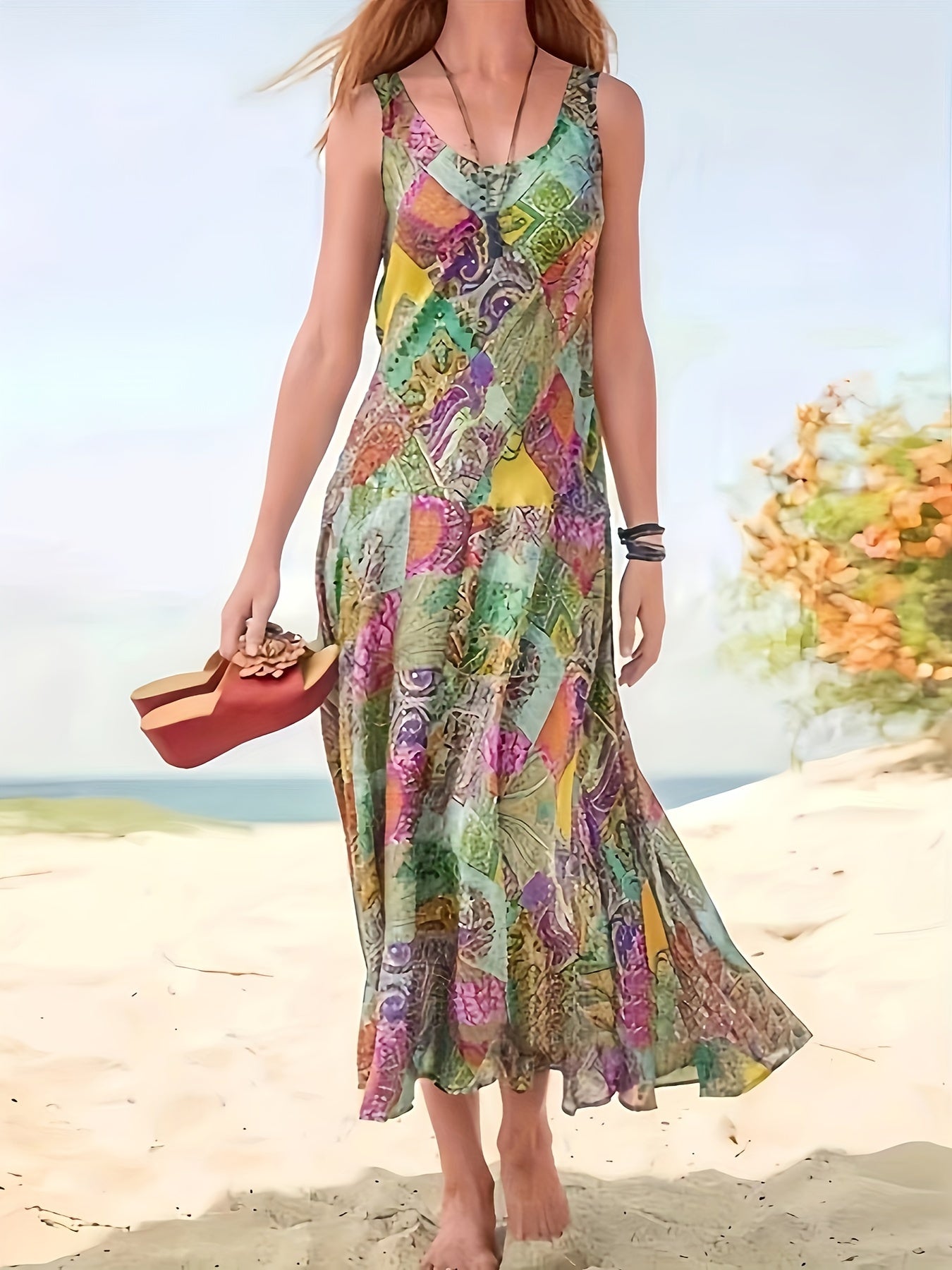 Tropical Print V Neck Tank Dress, Vacation Sleeveless Slim Ruffle Hem Flared Dress