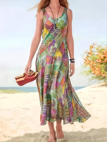 Tropical Print V Neck Tank Dress, Vacation Sleeveless Slim Ruffle Hem Flared Dress