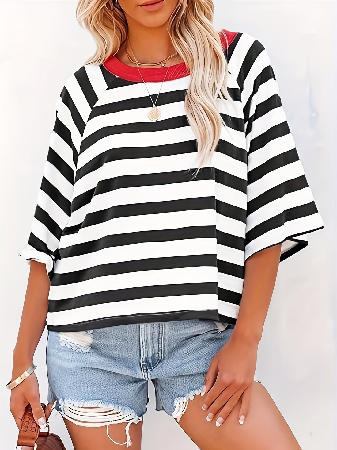 Striped Drop Shoulder Loose T-Shirt, Casual Short Sleeve T-Shirt