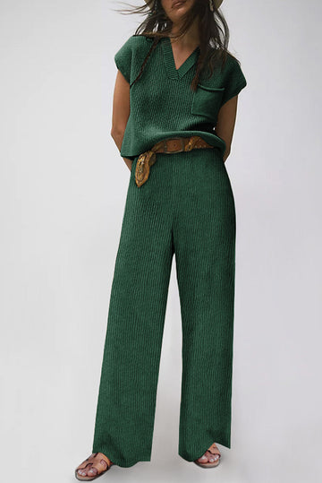 Green Knitted V Neck Sweater and Casual Pants Set