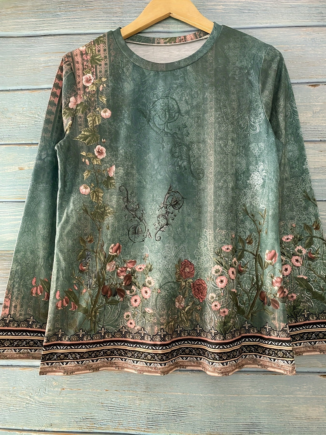 Floral Print Crew Neck T-Shirt, Casual Long Sleeve Top