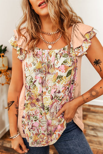 Apricot Pink Floral Patchwork Square Neck Ruffle Sleeve Blouse