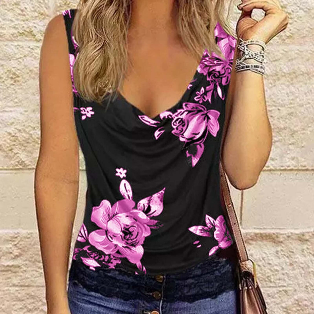 Floral Printing Sleeveless Lace Patchwork Loose Neck Tank Tops