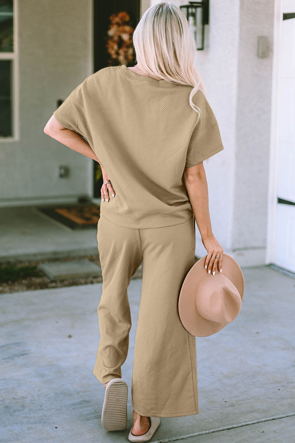 Pale Khaki Textured Loose Fit T Shirt and Drawstring Pants Set